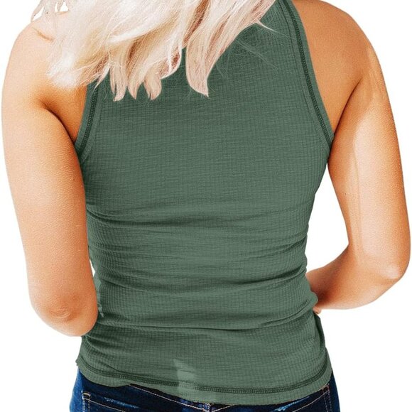 Women's Sleeveless Henley Tank Tops Ribbed V Neck Button Down T Shirts Summer Sl - Picture 2 of 2